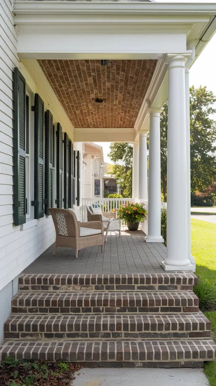Charming Front Porch with Brick Ceiling and Wicker Decor