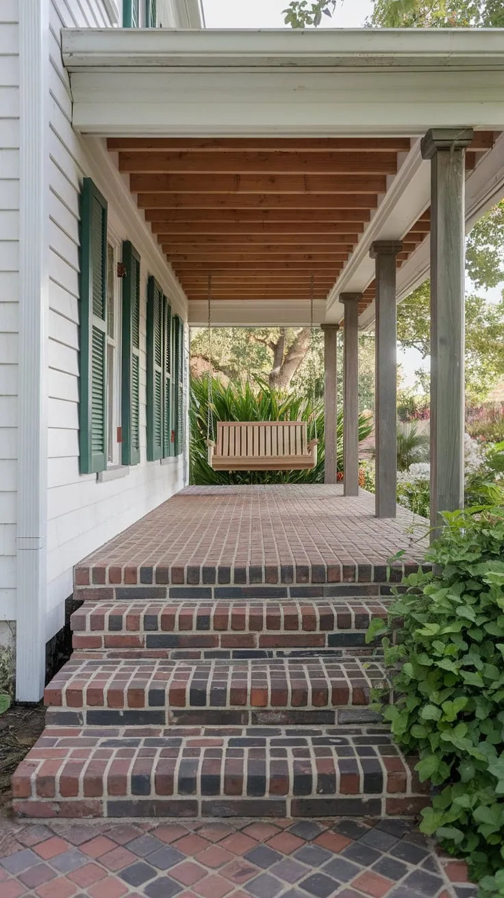 Charming Front Porch with Wooden Beams and a Swing