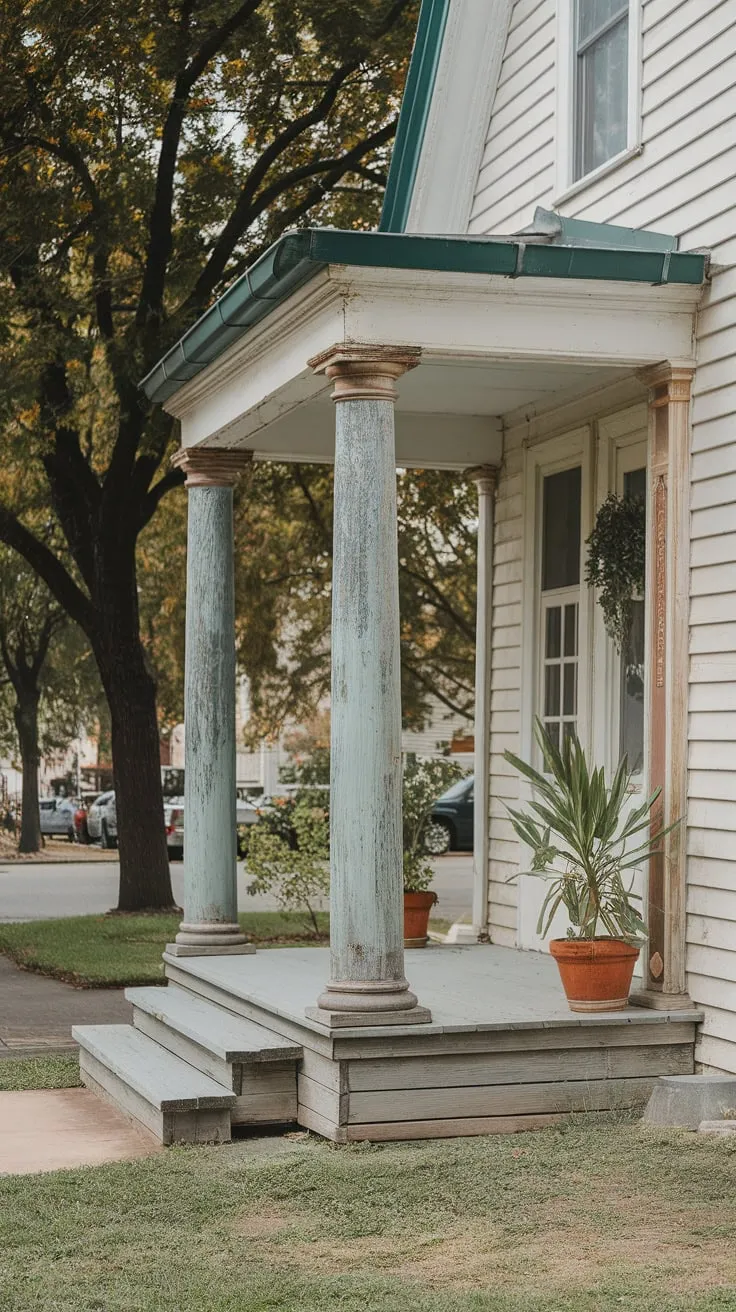 Inviting Porch Scene with Rustic Columns and Lush Greenery