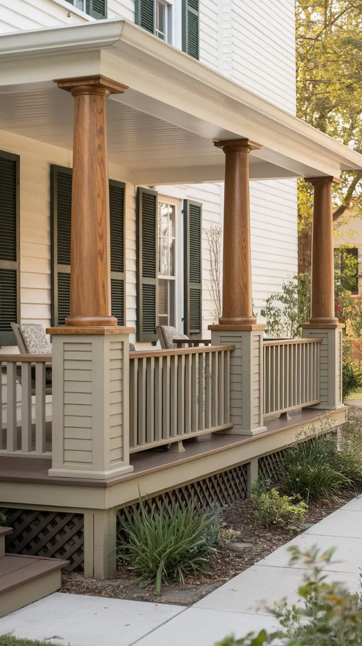 Inviting Porch Scene Featuring Stylish Wooden Columns