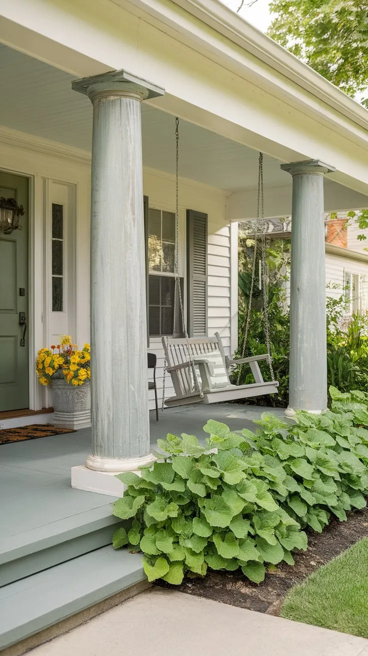 Inviting Porch Oasis with White Columns and Green Door