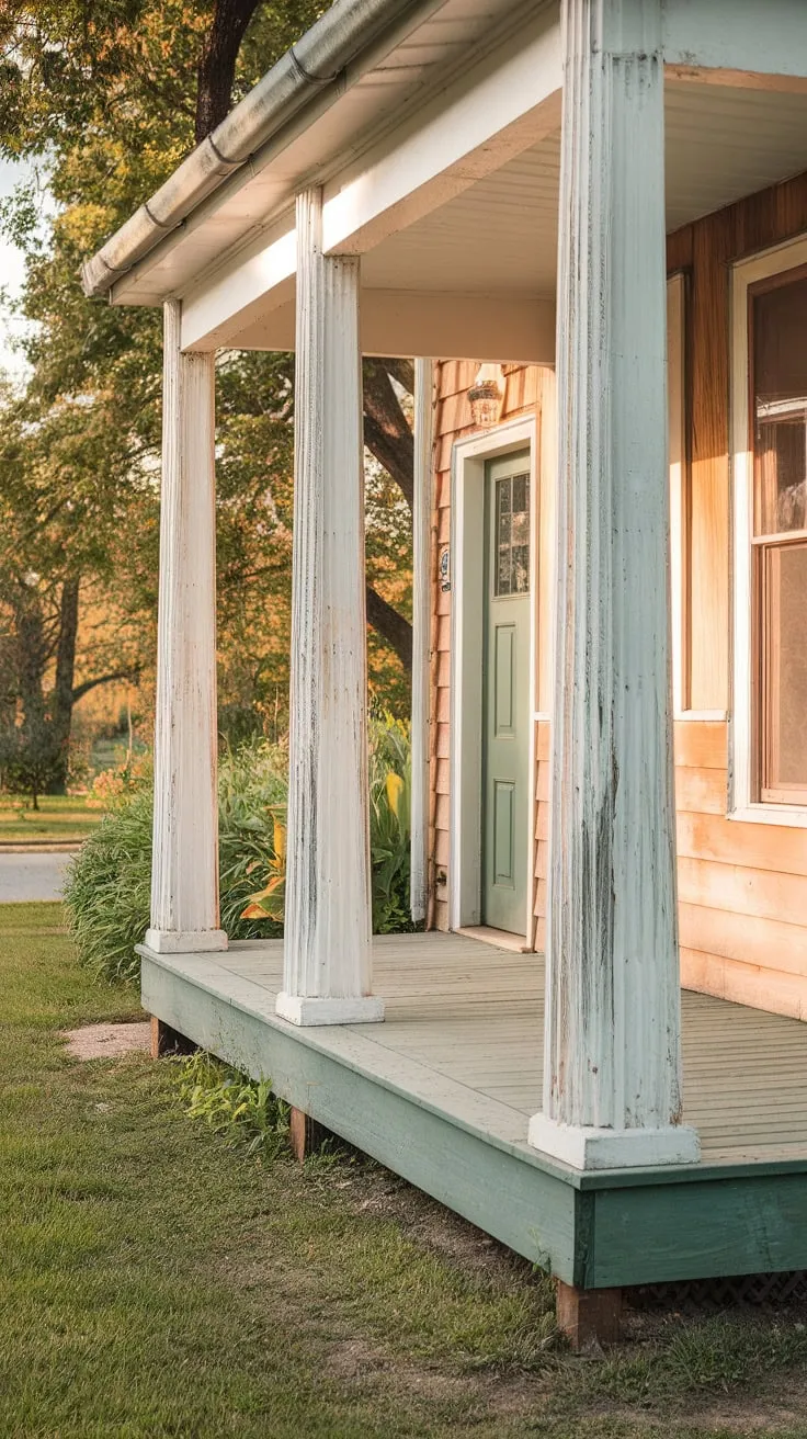 Charming Front Porch with Weathered Wooden Columns