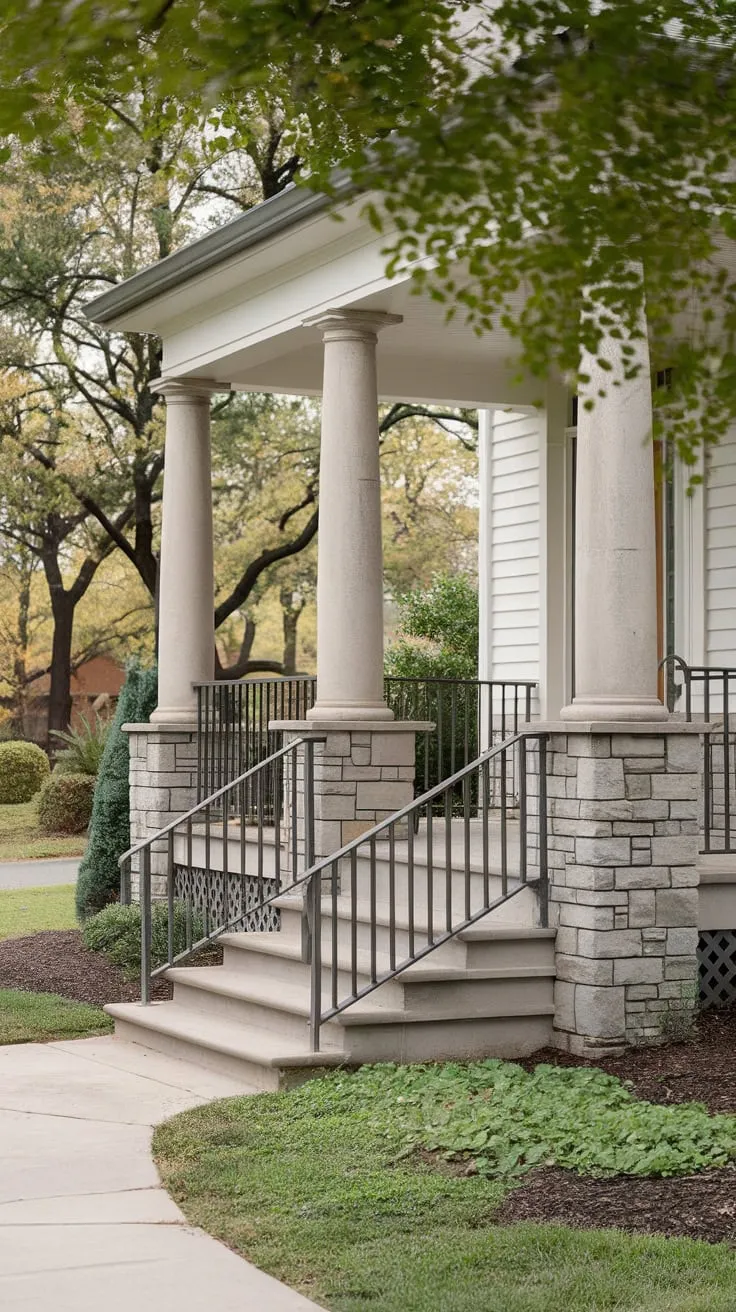 Stunning Porch with Stone Columns and Lush Landscaping