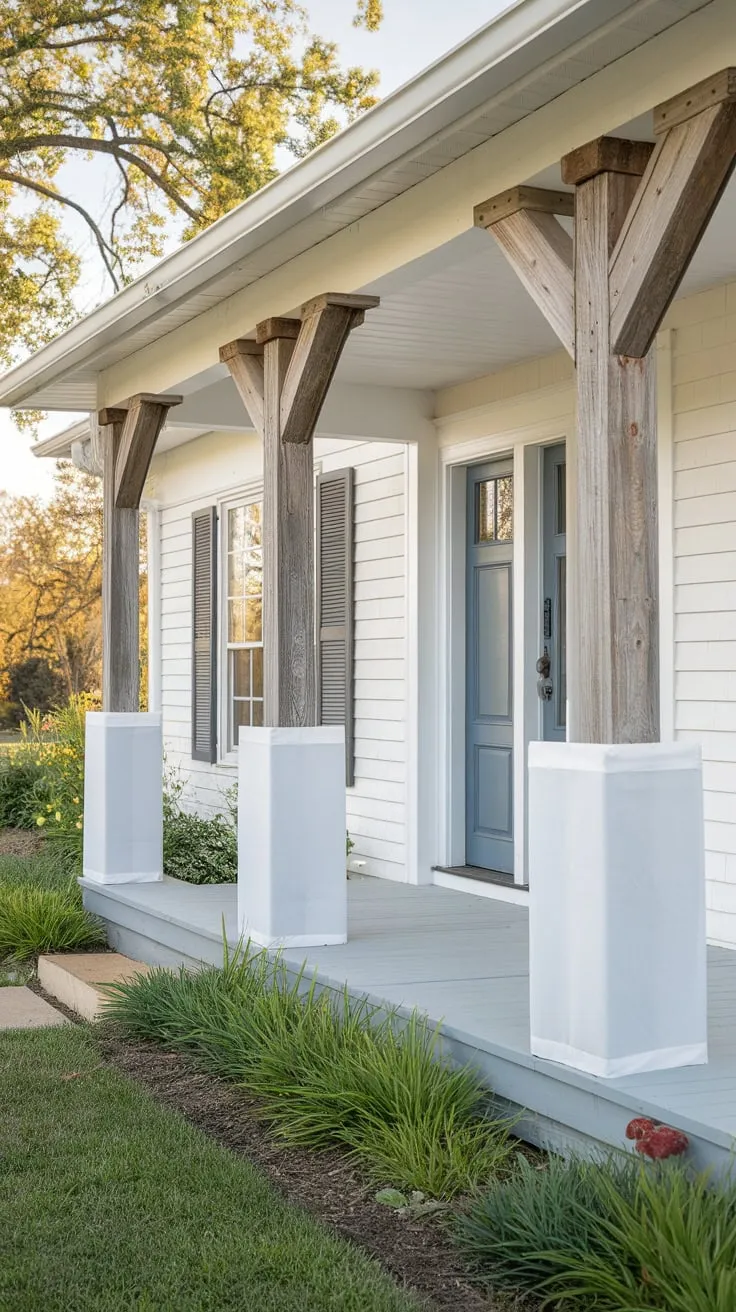 Freshly Wrapped Wooden Columns Enhance a Cozy Porch Retreat