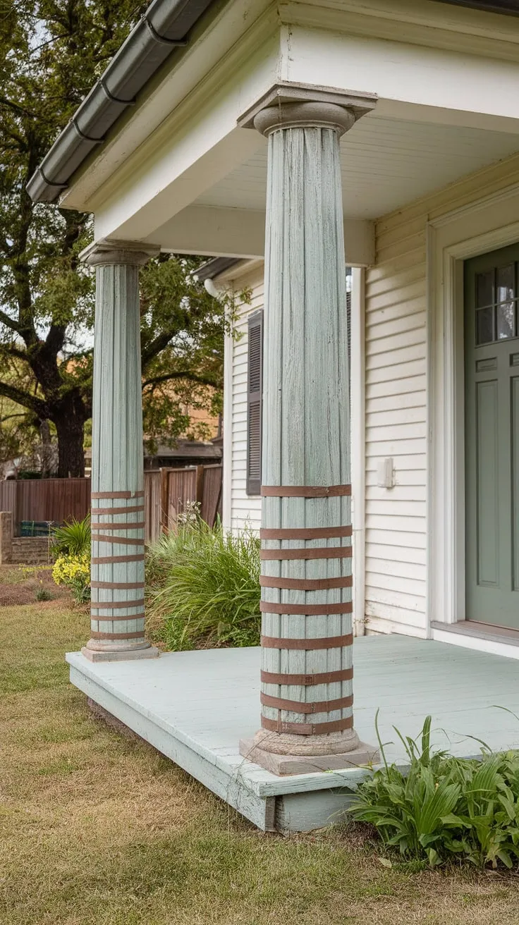 Charming Front Porch with Weathered Wooden Columns
