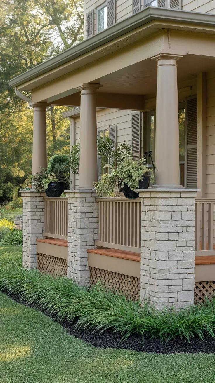 Charming Front Porch with Stone-Like Columns