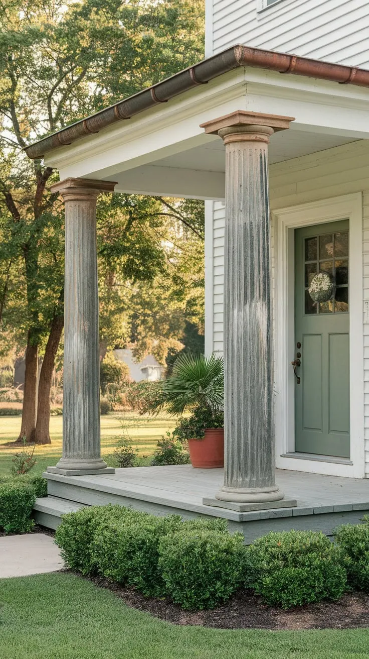 Weathered Wood Columns Enhance a Cozy Front Entry
