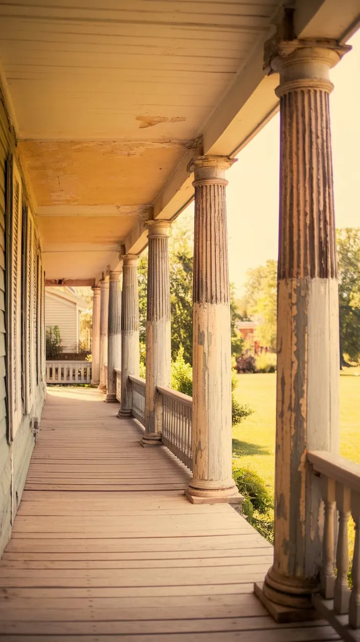 Charming Worn Columns on a Cozy Front Porch