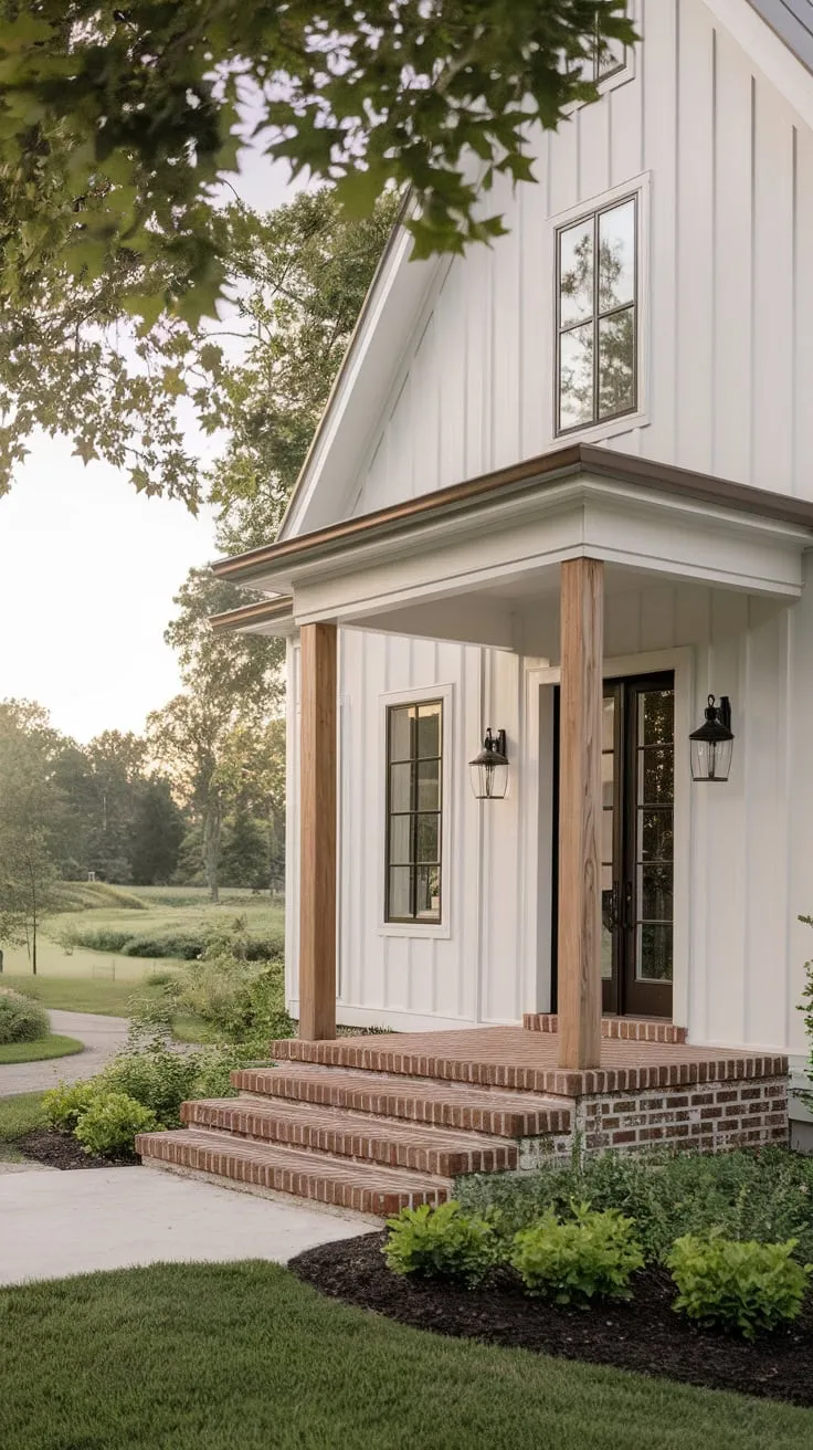 Serene White Farmhouse Entrance Surrounded by Lush Greenery