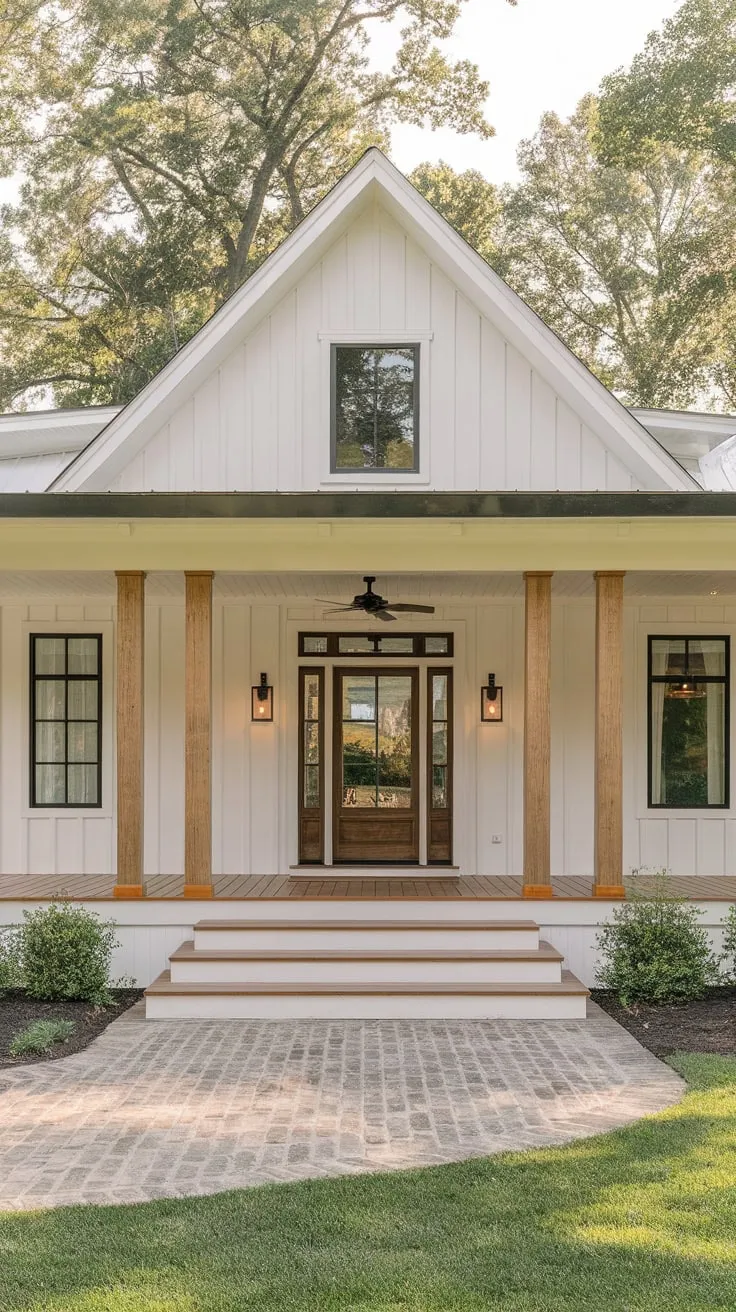 Stylish White Farmhouse Featuring a Welcoming Porch Entrance