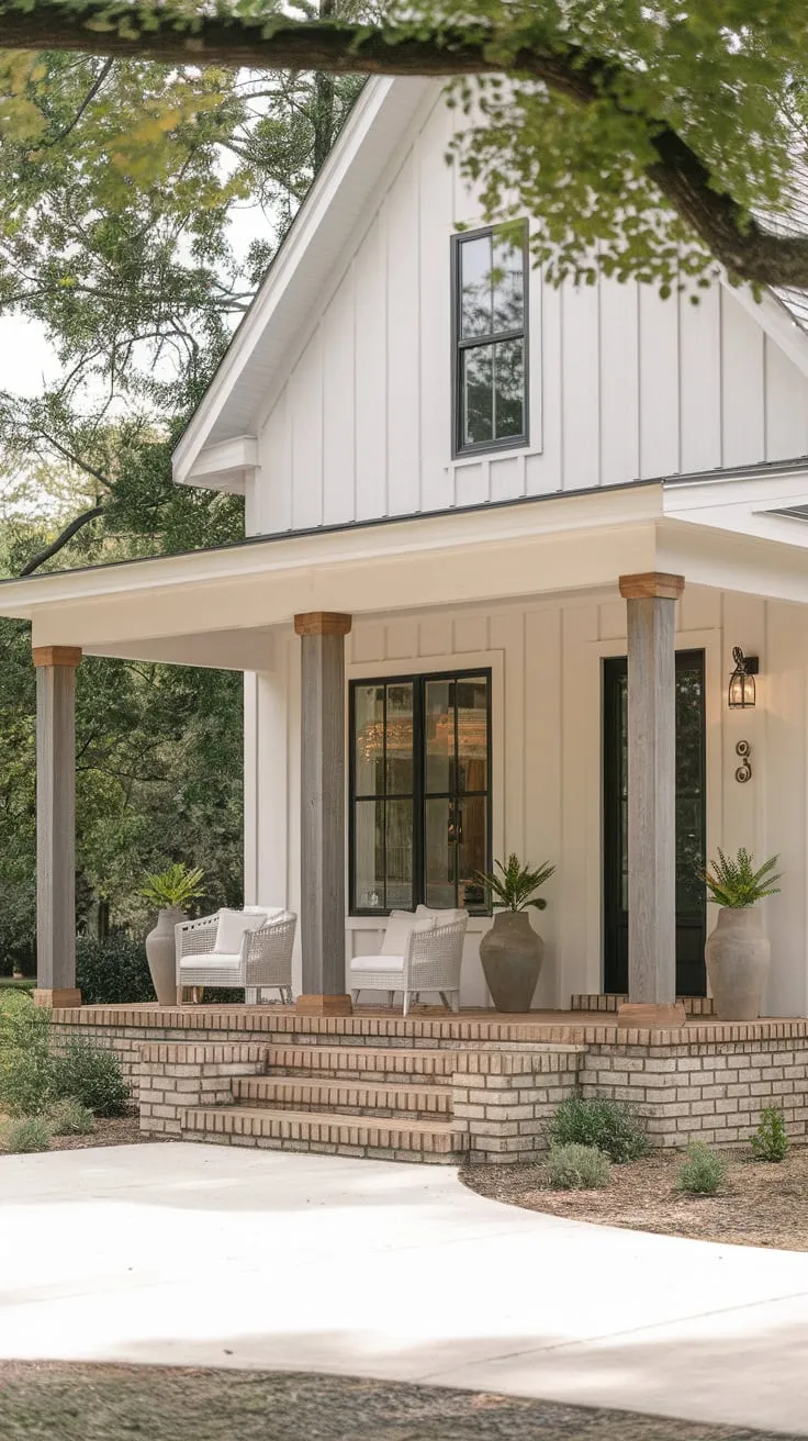 Stylish White Farmhouse Featuring a Cozy Porch Retreat