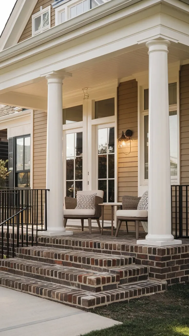 Inviting Elevated Porch with White Columns and Cozy Seating