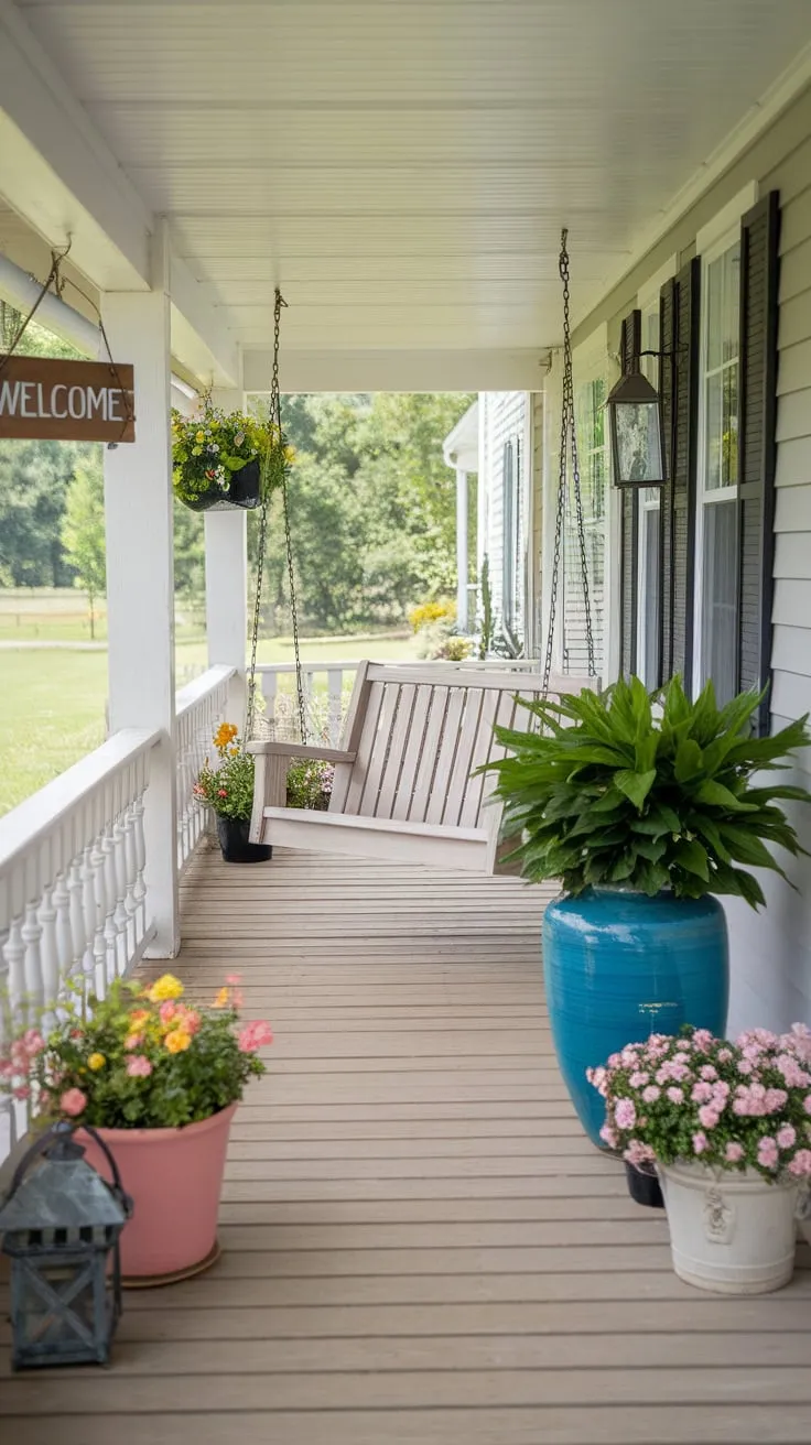 Inviting Porch Oasis with Swing, Plants, and Welcome Sign