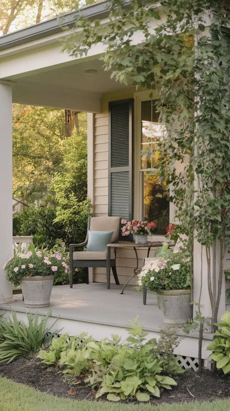 Serene Entryway with Lush Greenery and Cozy Seating