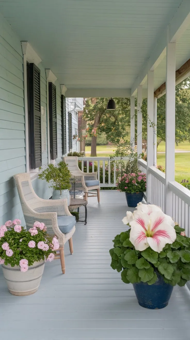 Serene Blue Porch with Floral Touches and Cozy Seating