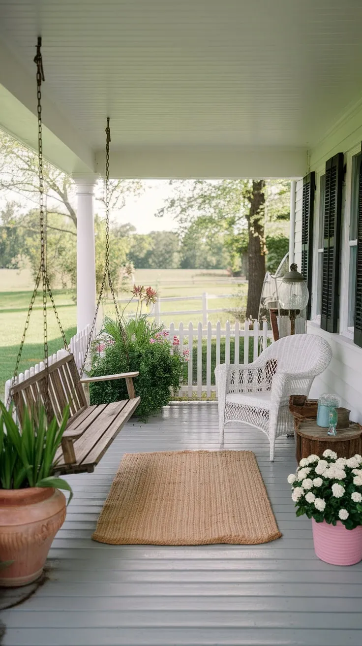 Cozy Entryway Oasis with Swing and Wicker Charm