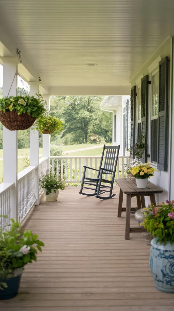 Rustic Entryway with Lush Greenery and Cozy Furniture