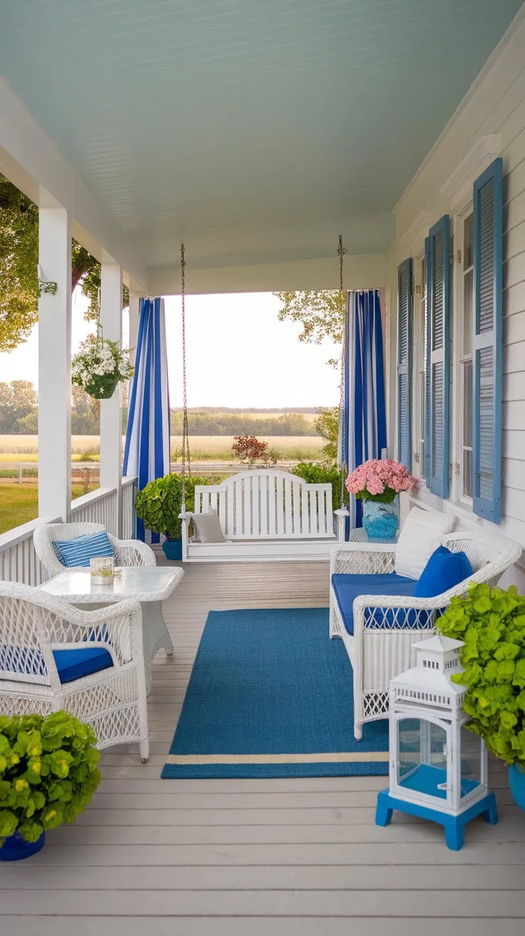 Charming Farmhouse Porch with Blue Accents and Cozy Vibes
