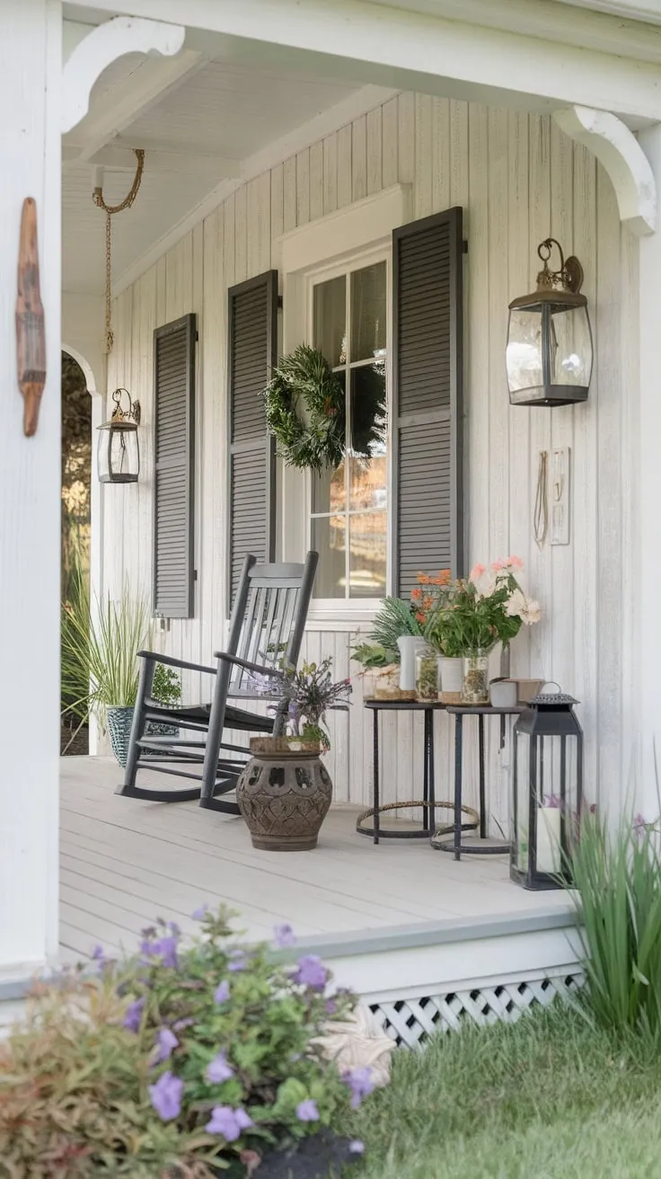 Welcoming Front Porch with Rocking Chair and Greenery