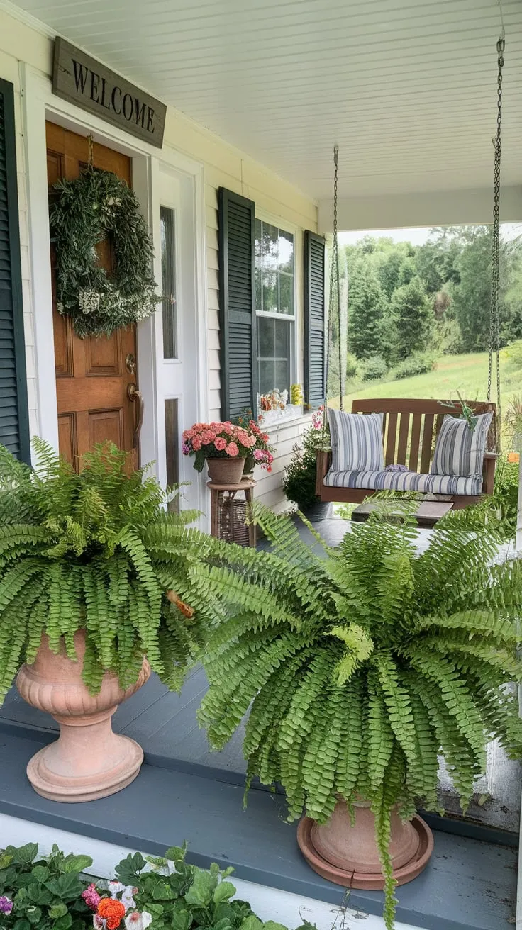 Welcoming Vibes: Ferns and Flowers Adorn the Porch