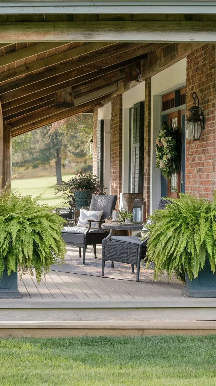 Charming Front Porch with Lush Ferns