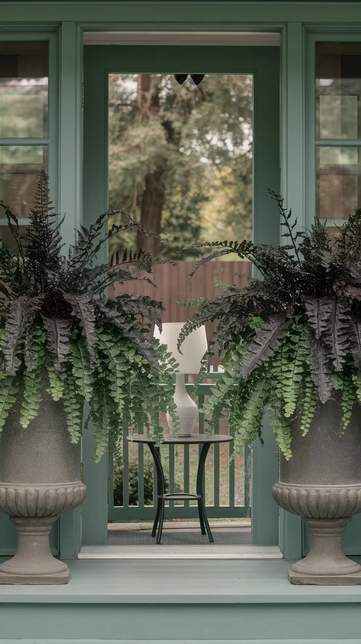 Charming Front Porch with Lush Ferns