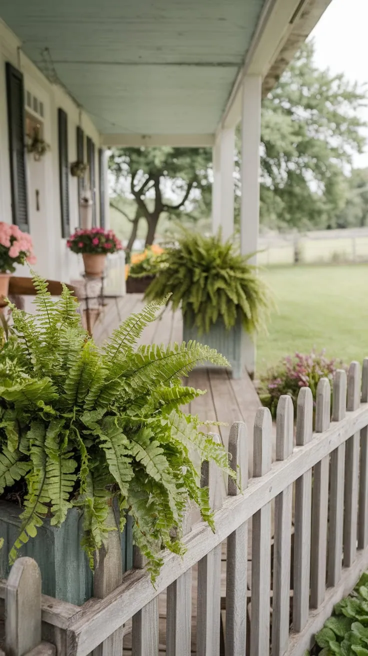 Charming Front Porch with Ferns and Flowers