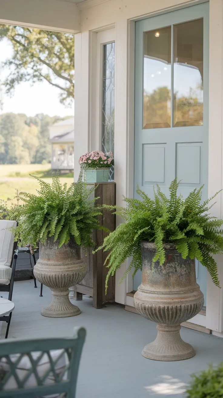 Charming Front Porch Adorned with Lush Ferns