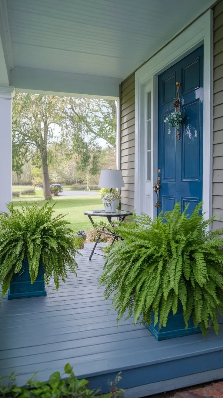 Charming Front Porch with Lush Ferns and a Blue Door