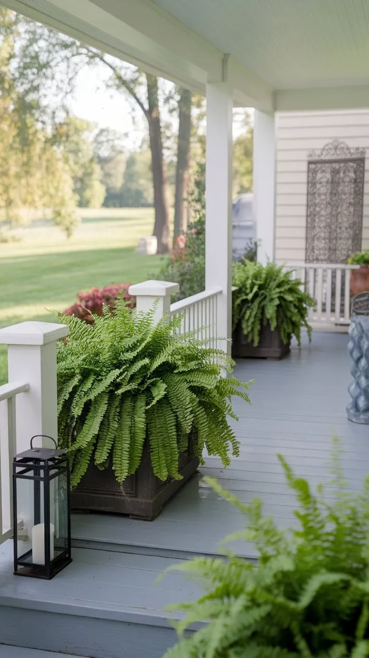 Charming Front Porch with Lush Ferns