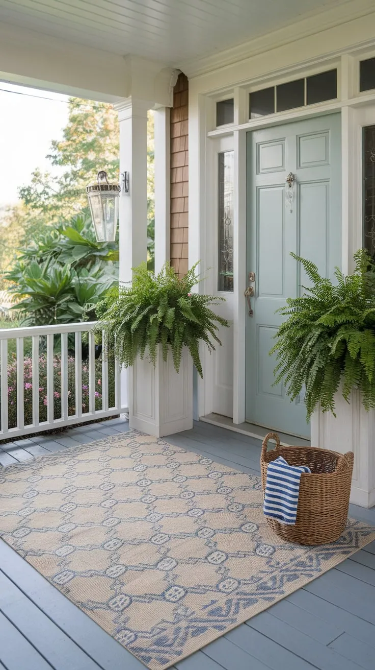 Cozy Fern-Filled Porch with a Touch of Blue and Greenery