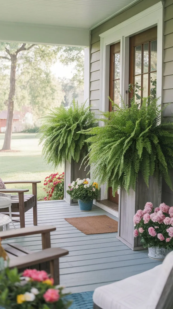 Cozy Front Porch Oasis with Lush Ferns and Flowers