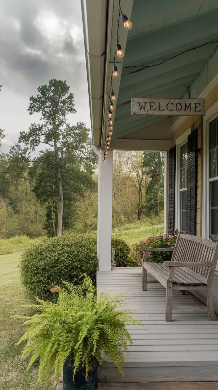 Charming Front Porch with Ferns and Rustic Vibes