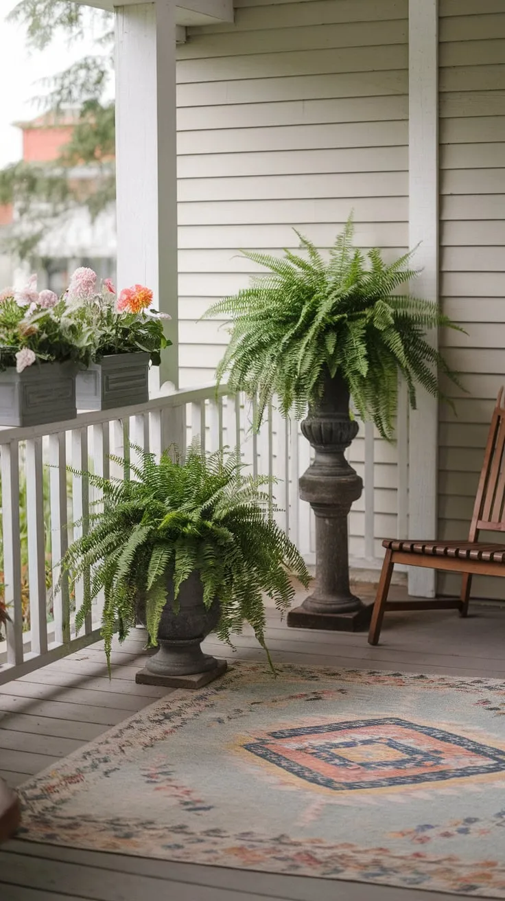 Charming Front Porch with Ferns and Flowers