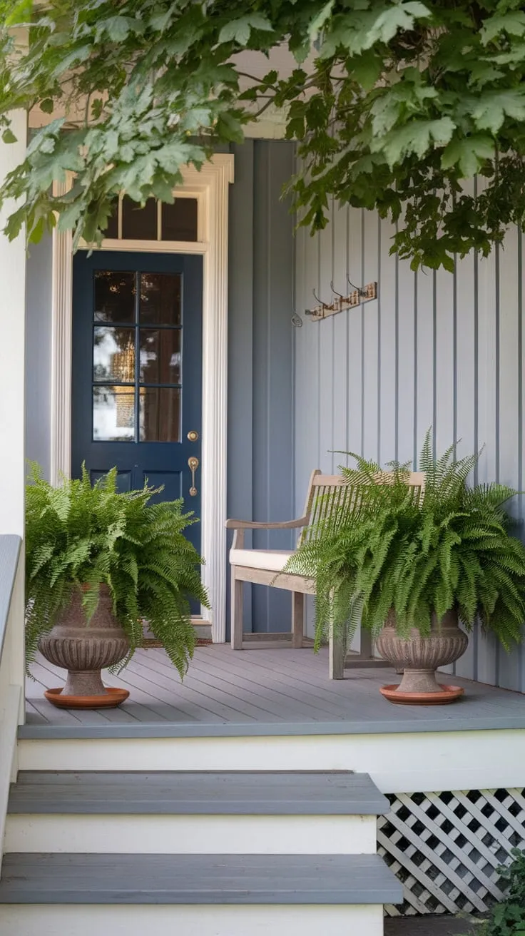 Charming Front Porch with Lush Ferns