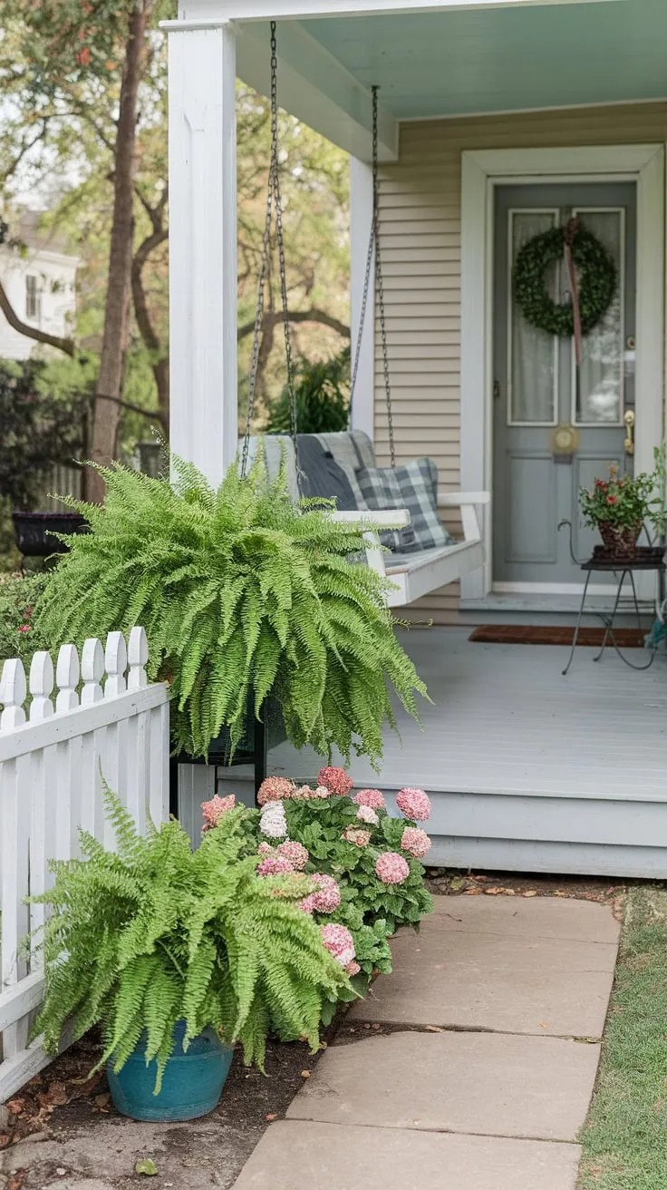 Charming Front Porch with Ferns and Flowers