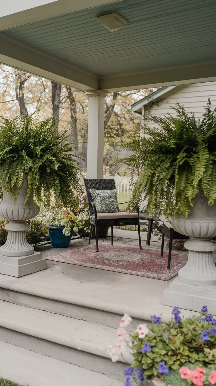 Charming Front Porch with Lush Ferns