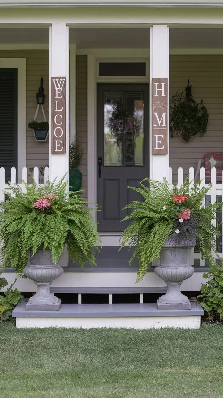 Welcoming Vibes: Ferns and Flowers on the Porch