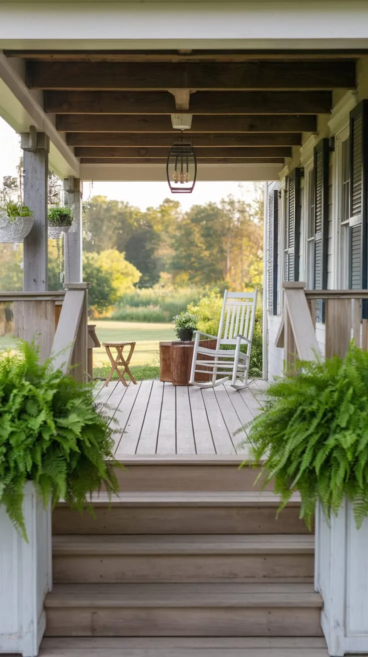 Charming Front Porch with Ferns and Rustic Vibes