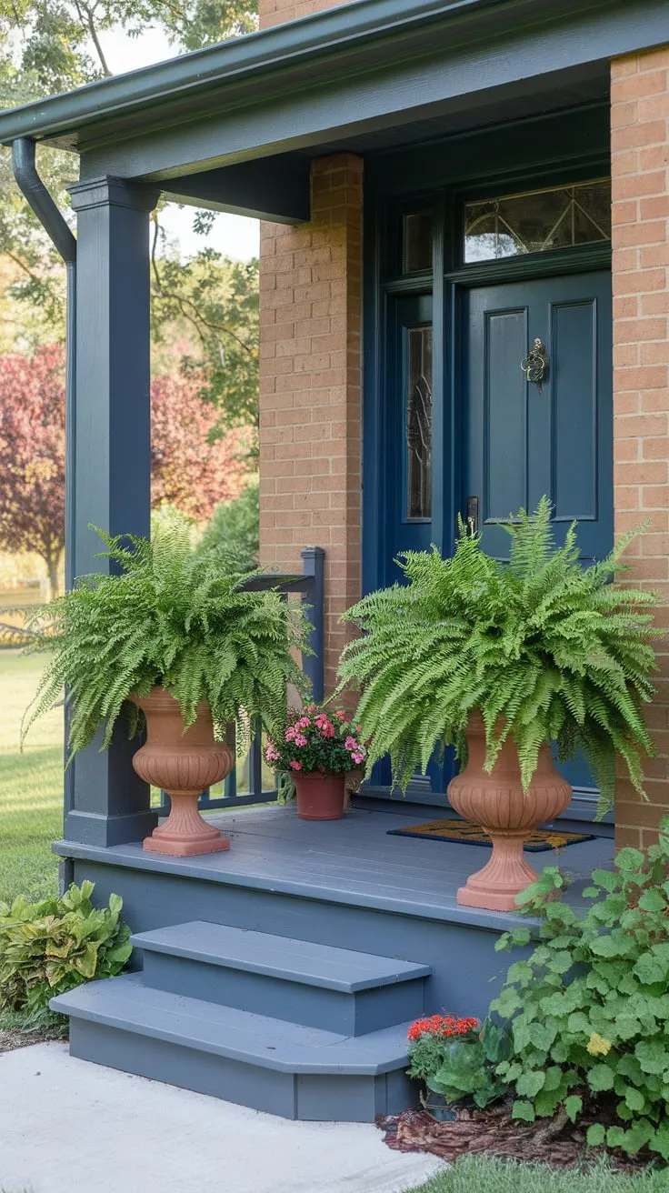 Charming Front Porch with Ferns and a Blue Door