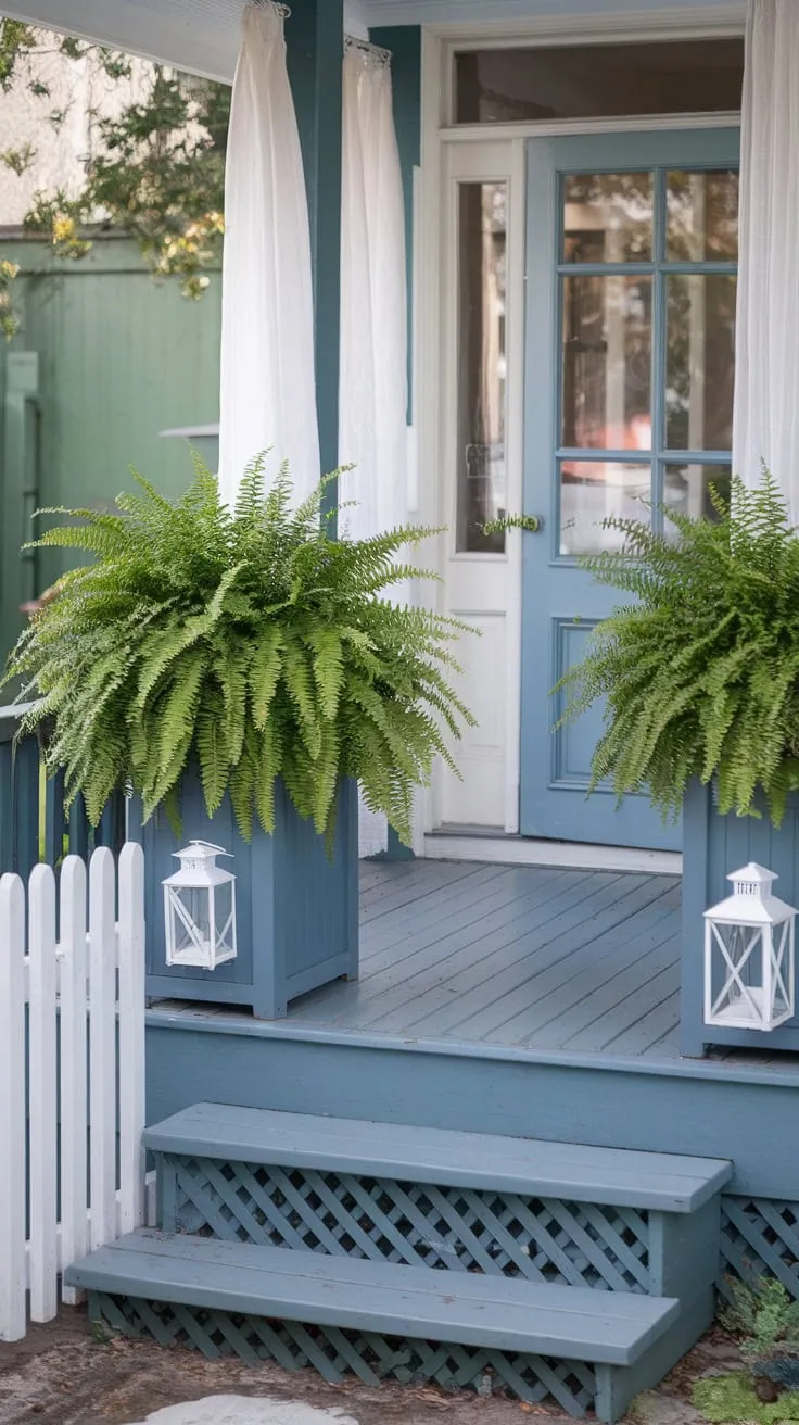 Charming Front Porch with Ferns and a Blue Door
