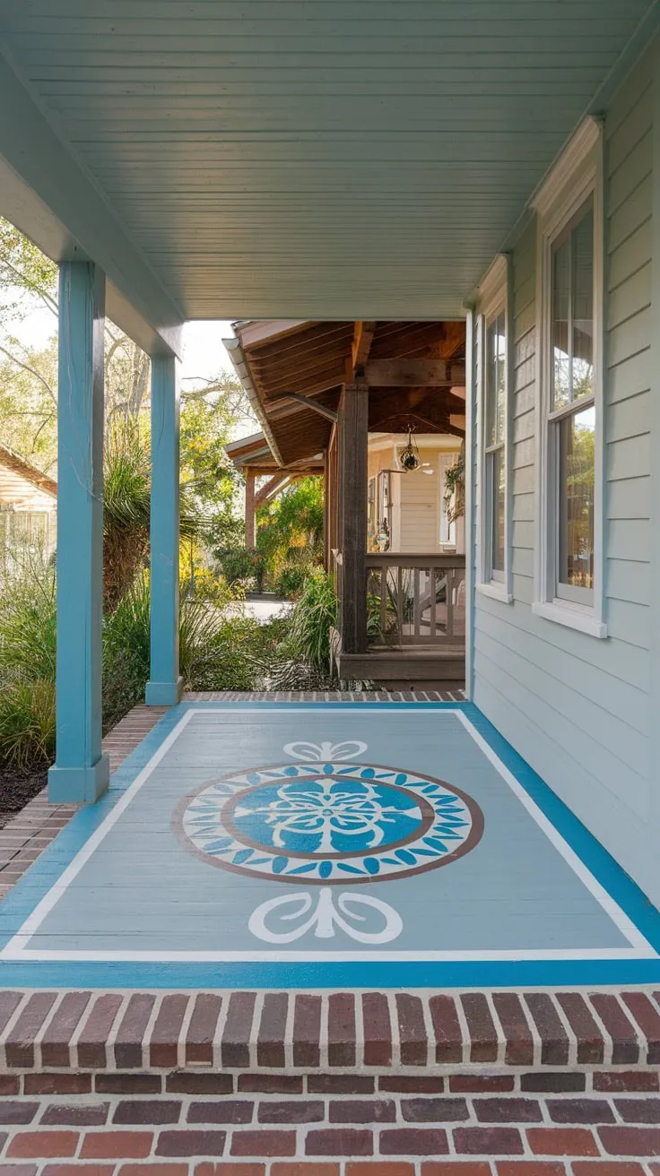 Stylish Front Porch with Decorative Concrete and Lush Greenery