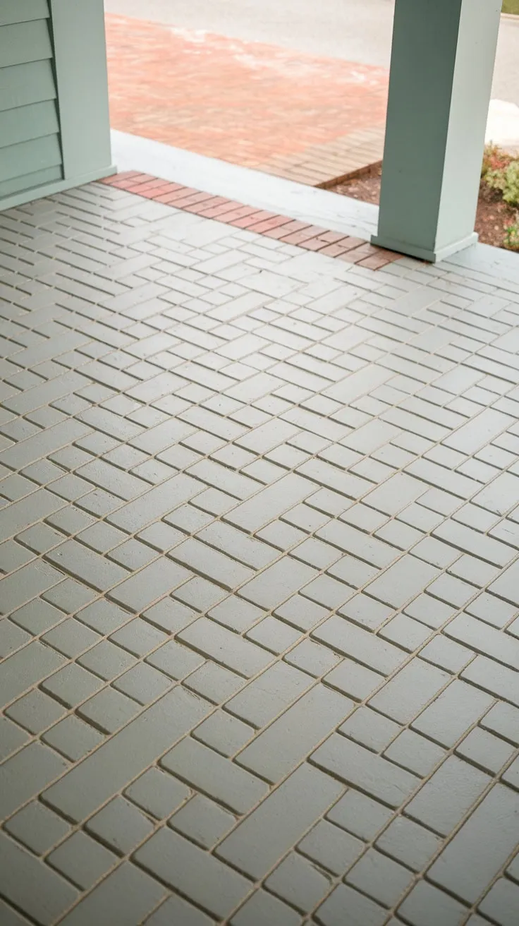 Chic Grey Painted Porch Floor with Brick Pattern