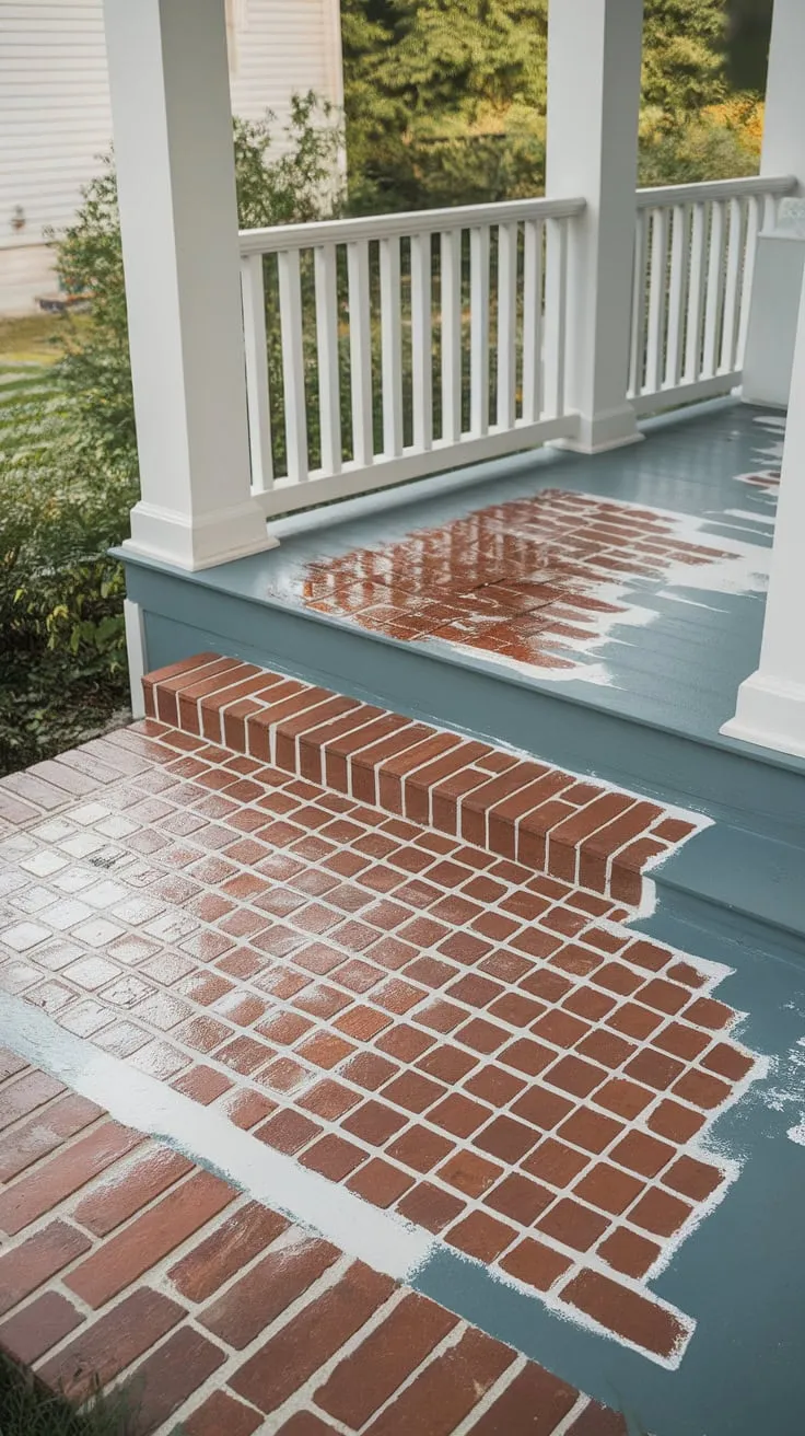 Revamped Front Porch with Fresh Brick-Patterned Floor