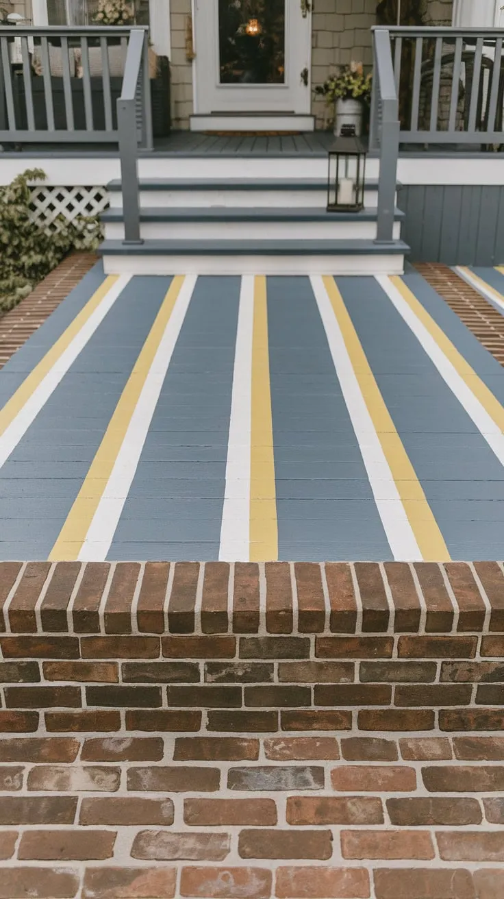 Charming Front Porch with Colorful Stripes and Cozy Decor