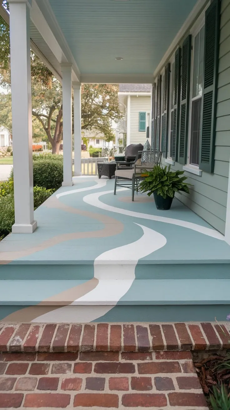 Inviting Porch Vibes: Blue Swirls and Brick Pathway