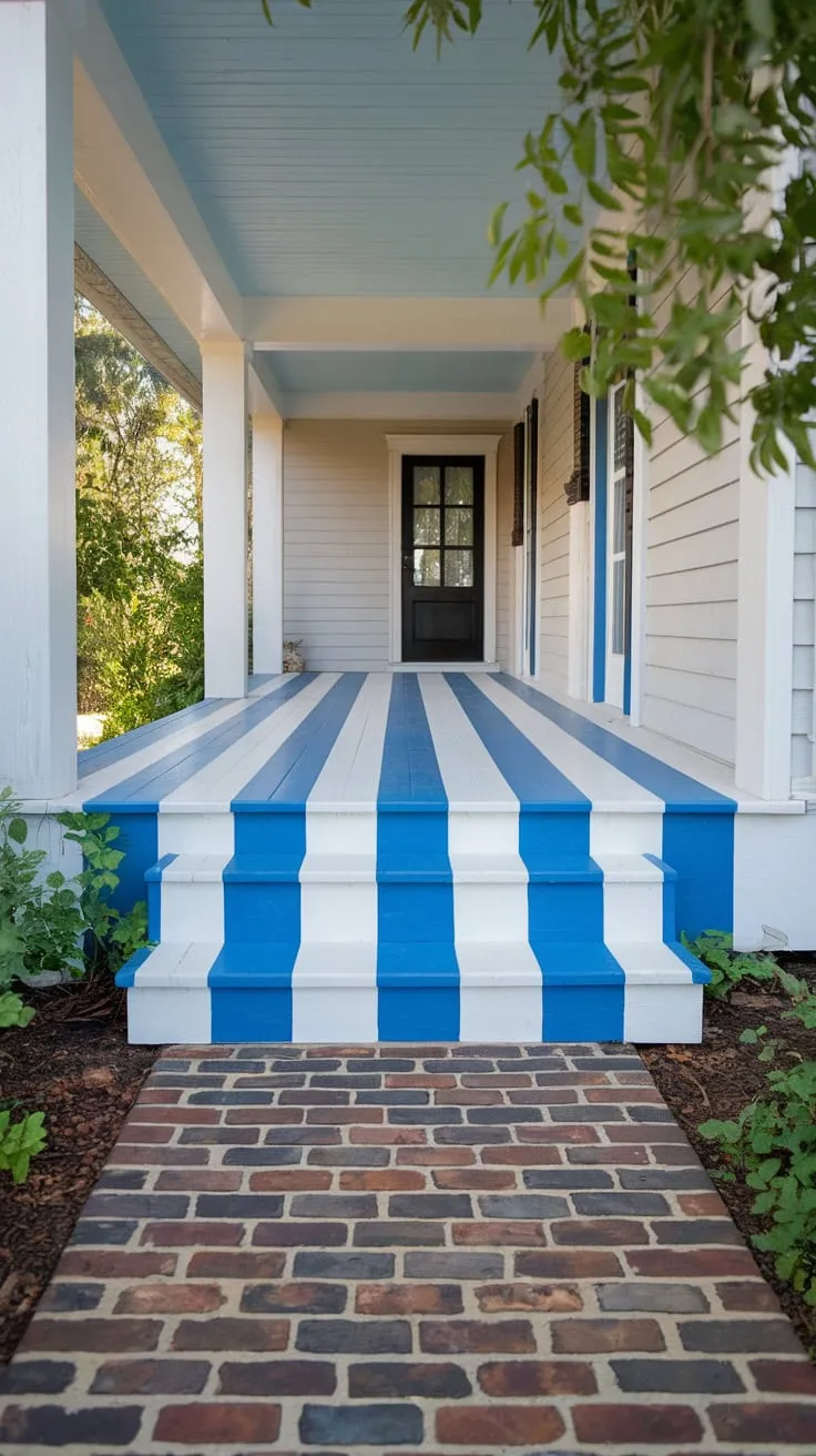 Charming Striped Porch Floor Surrounded by Greenery