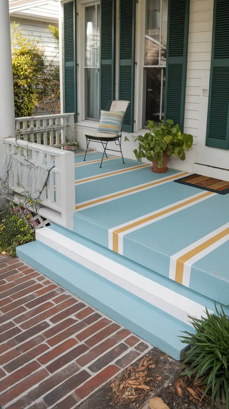 Vibrant Striped Floor Enhances Cozy Porch Vibes