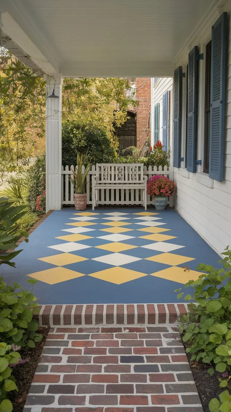 Charming Porch Retreat with Painted Squares and Lush Greenery