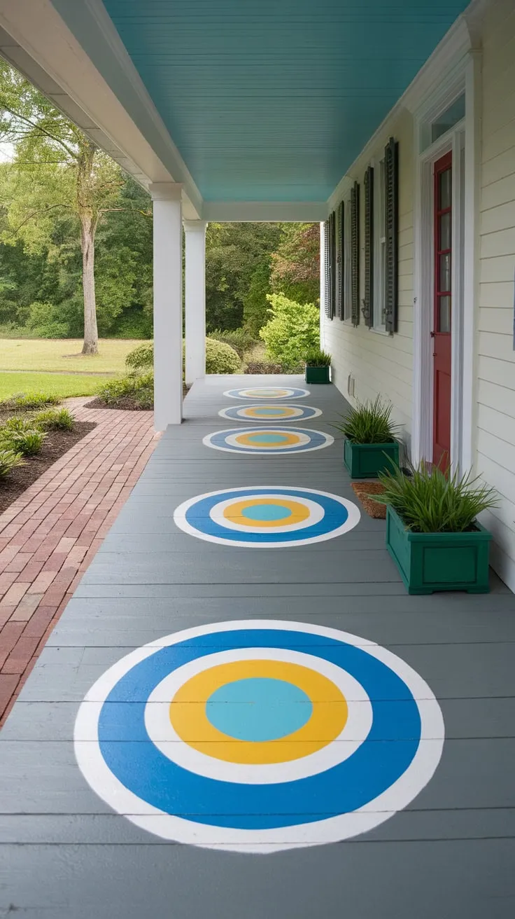 Charming Front Porch with Colorful Concrete Floor